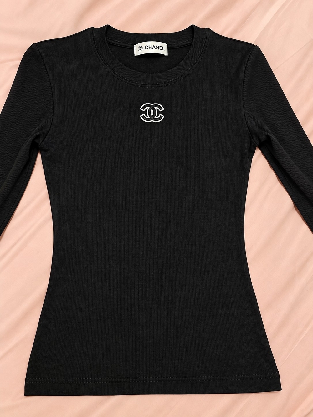 Chanel Black Logo Long-Sleeve Ribbed Top